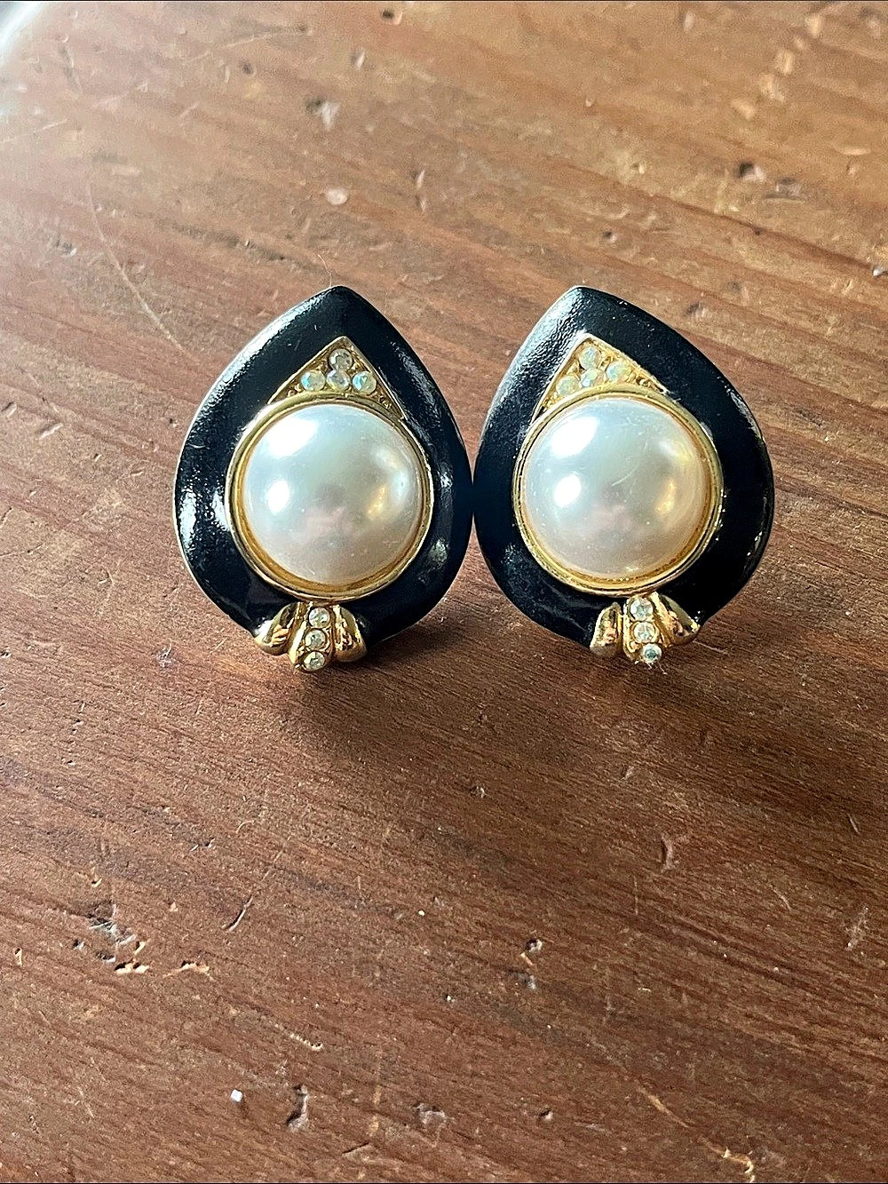 Vintage 80s Art Deco Revival Black & Gold Faux Pearl Statement Earrings